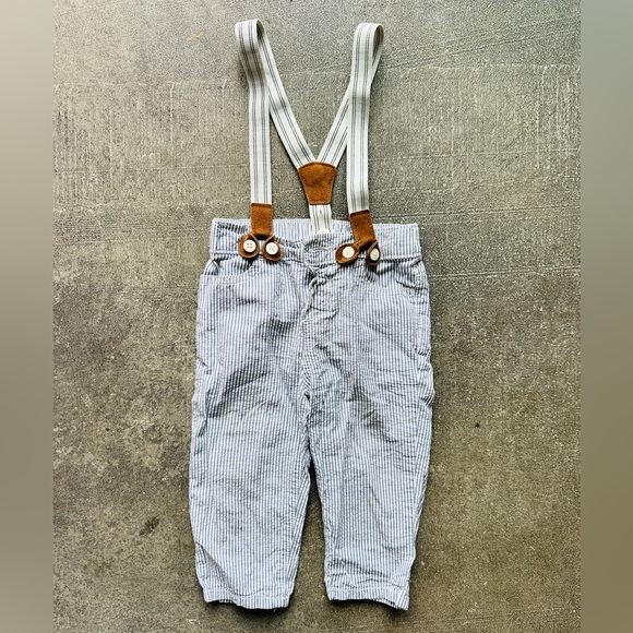 Baby Bgosh Other - Blue & White Pinstripe Kids Overalls with Brown Faux-Leather Suspenders